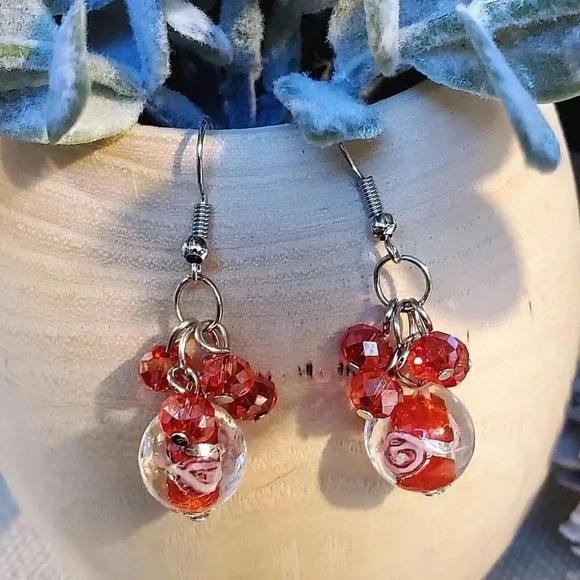 Handcrafted Red Murano Glass Flower Czech Crystal Beads Cluster Earrings - Picture 1 of 6
